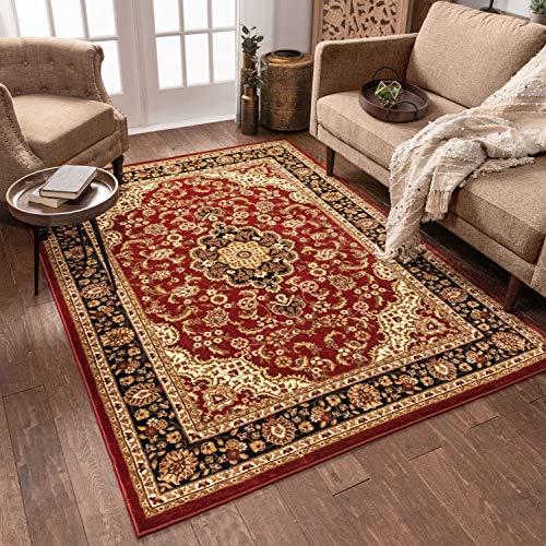 Red Floral Medallion Area Rug 5x7 - Stain & Fade Resistant Living Room Carpet