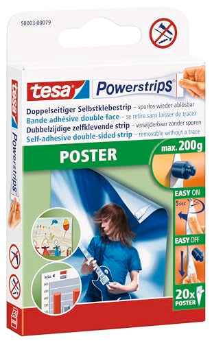 1 Pack Tesa Powerstrips Poster Mounting Strips - Damage-Free Wall Hanger, 20 pcs, White