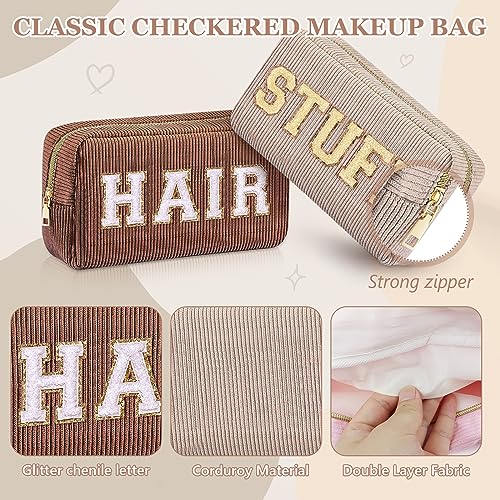 4 Pcs Travel Toiletry Bags for Women Preppy Makeup Bags Organizer Face Skin Hair Stuff Chenille Letter Pouch with Zipper Aesthetic Corduroy Skin care Hair Bag for Women Gifts