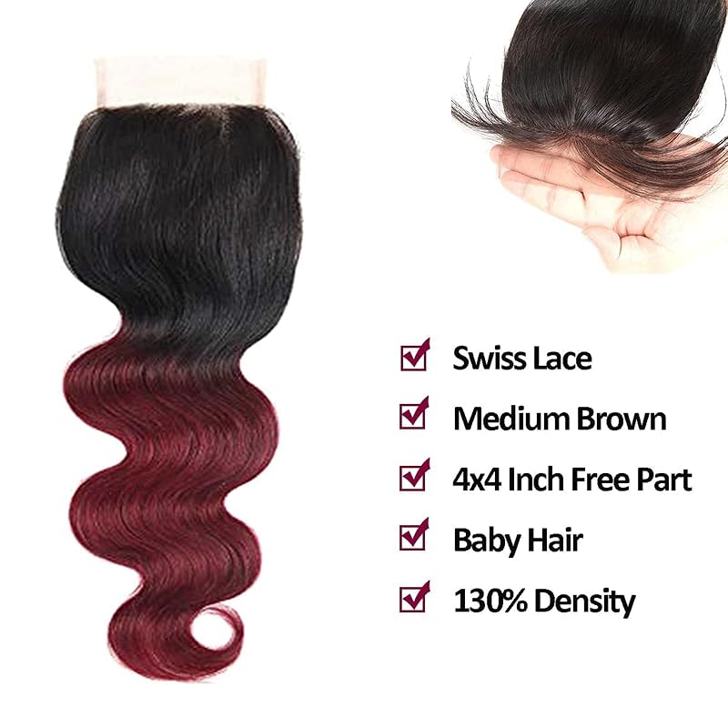 Isufer Brazilian Body Wave 4x4 Lace Closure 100% Virgin Hair 8 Inch 1B/99J Burgundy
