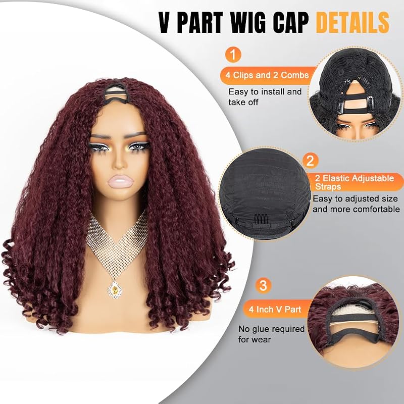 Burgundy Afro V Part Curly Wig 20 Inch - Kinky Textured Synthetic Hair for Women