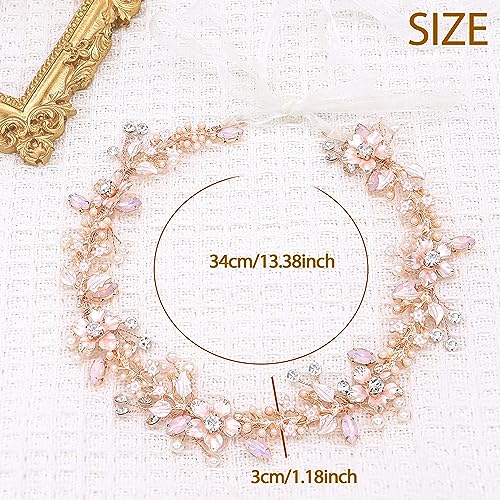 Rose Gold Bridal Headpiece with Flowers Pearls and Rhinestones - Wedding Hair Vine