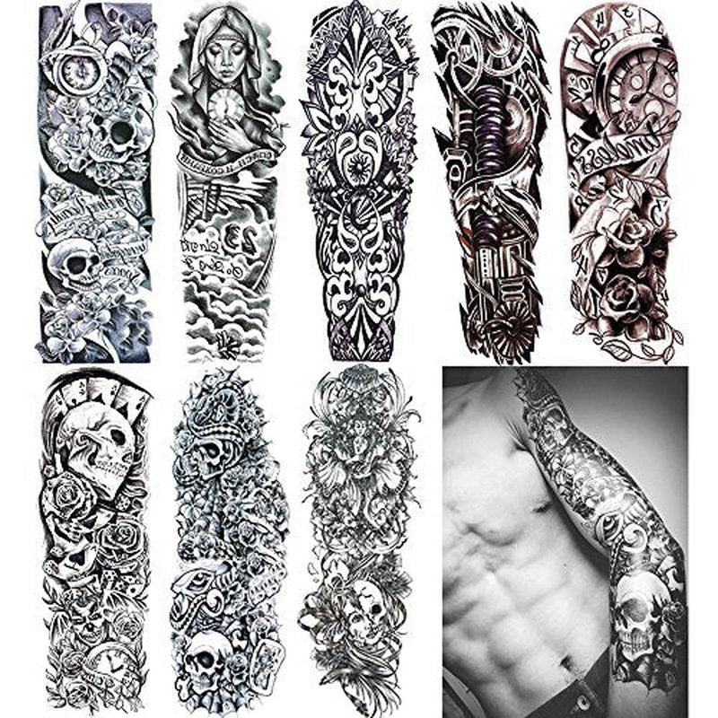 18.9x6.7 8 Sheets Extra Large Temporary Fake Tattoos Set for Men and Women, Full Arm Tattoo Sticker Skull Flower Paper Decal Fake Tattoos Sleeve DIY Black Body Art Sticker, Black 1