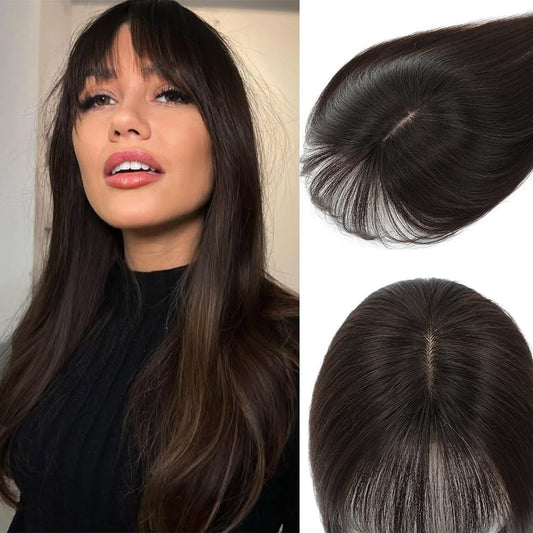 YOOSDPET Hair Toppers for Women Real Human Hair， 360°3D Cover Topper for Women with Thinning Crown Wispy Clip in Bangs Realistic Scalp Line Hair Pieces (Dark Brown, Wispy Bangs)