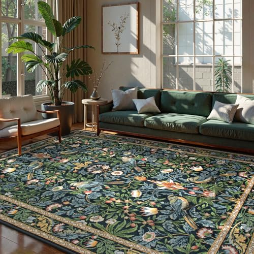 Beeiva Vintage Botanical Bird 8x10 Washable Rug Dark Green & Blue Non-Slip Large Carpet for Living Room & Bedroom