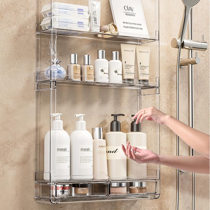 Wall Acrylic Display Shelves with Dividable Bins - Multi-Tier Bathroom & Kitchen Organizer