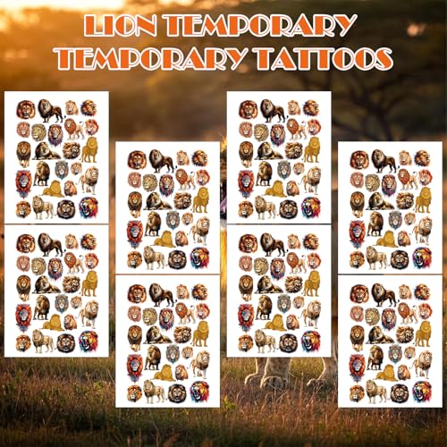 Lion Temporary Tattoos Stickers, Animal Tattoo Stickers for Kids, Birthday Party Favors Goodie Bag Fillers Supplies Decorations, Classroom School Prizes Rewards Gifts(8 Sheets)