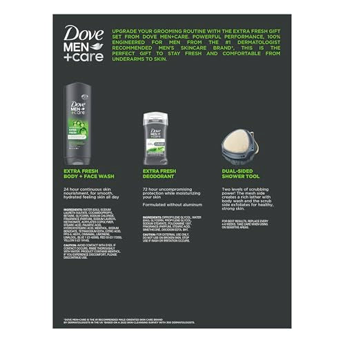 Dove Men+ Care Gift Set ? Dove Face + Body Wash, Dove Antiperspirant, Refreshing Extra Fresh Scent, Dove Active Clean Dual-Sided Shower Tool, Christmas Gifts for Men (3 Piece Set)