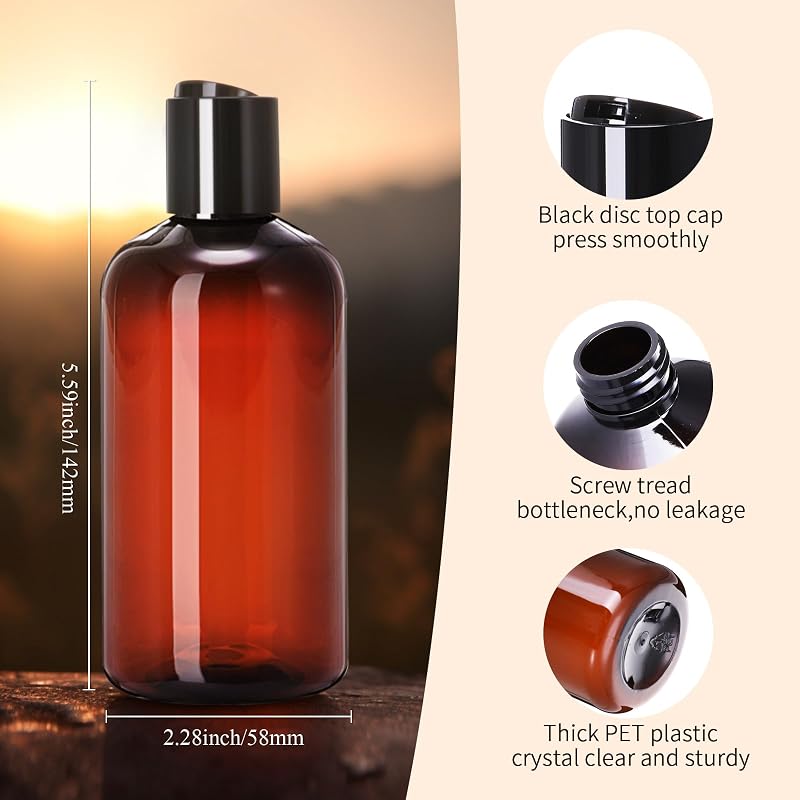 Zubebe 36 Pcs 8 oz Brown Plastic Travel Bottles – Refillable PET Shampoo/Lotion Containers, Disc Cap, Leakproof