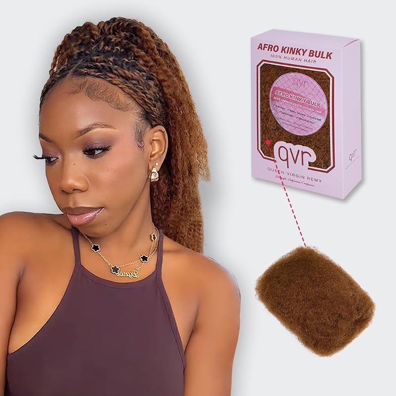 Queen Virgin Remy QVR Pro Afro Kinky Curly Human Hair Bulk for Dreadlocks, 12 Inch, 50 Grams - Auburn Brown (Variation: Auburn Brown+12 Inch)