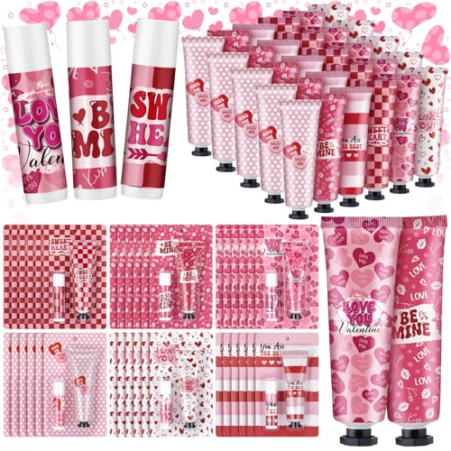 Loopeer 36 Sets Valentine's Day Hand Cream Lip Balm Gifts Bulk Galentine's Day Gift Valentine Party Favor Moisturizing Heart Hand Lotion Bulk Mini Dry Cracked Care Cream for Women Teacher Coworker