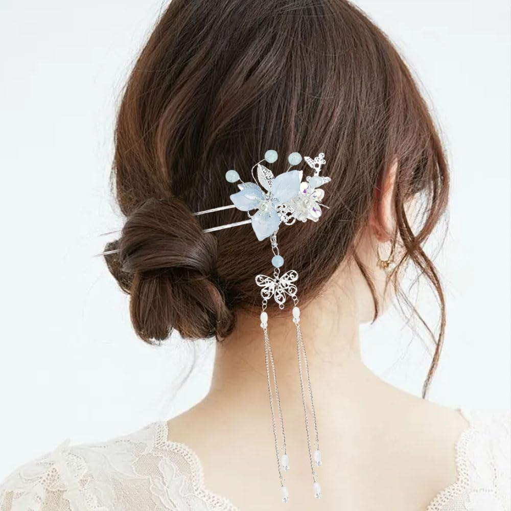 5PCS Flower Pearl Tassels Hairpin, Rhinestone Hair Clips Headpiece Vintage Chinese Hanfu Wedding Brides Hair Accessories for Women Girls Updo Long Hair
