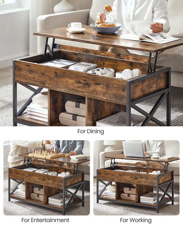 Lift-Top Coffee Table with Storage - Rustic Brown + Black, 39.4"W x 19.7"D, 3 Compartments