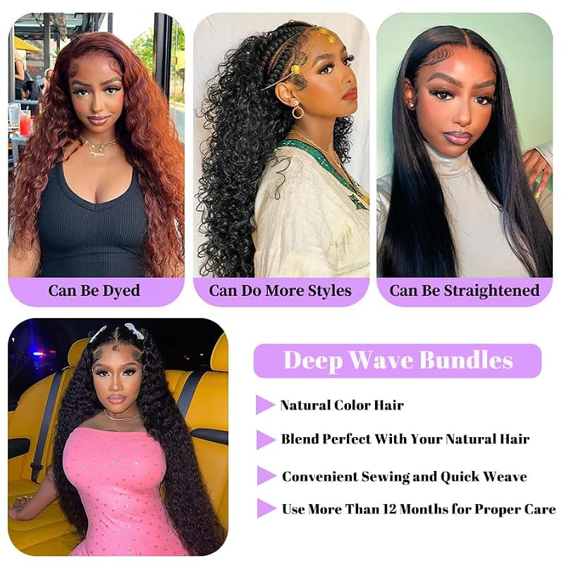 Deep Wave Human Hair Bundles 14 Inch Natural Color Brazilian Virgin Hair Curly Extensions
