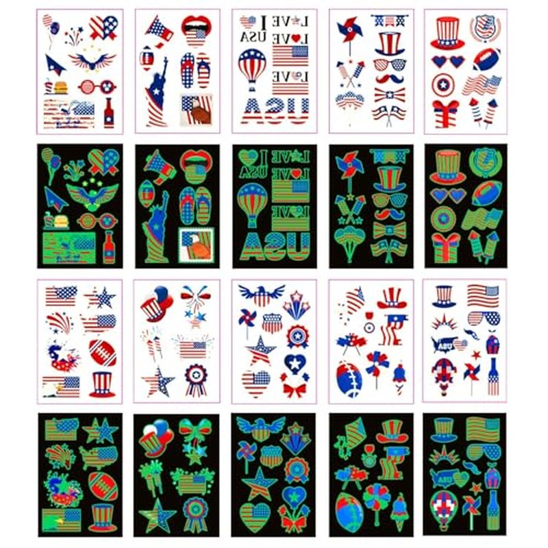 80PCS Luminous Temporary Tattoos,American Flag Red White and Blue Decor, Fourth of July,USA Party Favors,Memorial Day,Independence Day,Labor Day Decorations Glow Party Supplies