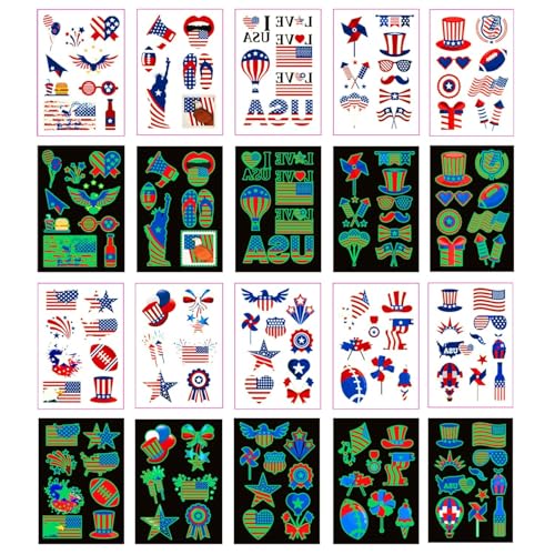 80PCS Luminous Temporary Tattoos,American Flag Red White and Blue Decor, Fourth of July,USA Party Favors,Memorial Day,Independence Day,Labor Day Decorations Glow Party Supplies