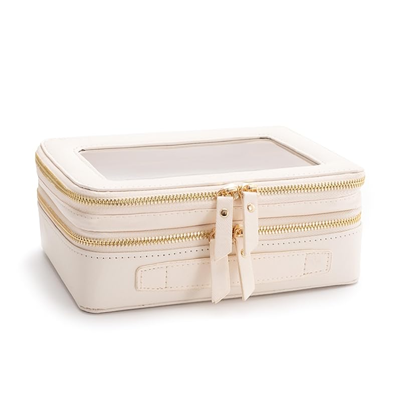 Aveniee Off-White Dual Layer Large Clear Makeup Bag - Double-Sided Train Case