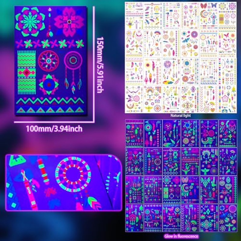 24 Sheets Glow in The Dark Temporary Tattoos, 320pcs Waterproof Neon Glow Party Tattoos, UV Black light Reactive Light Face Flash Tattoo Stickers for Parties, Halloween, Beach