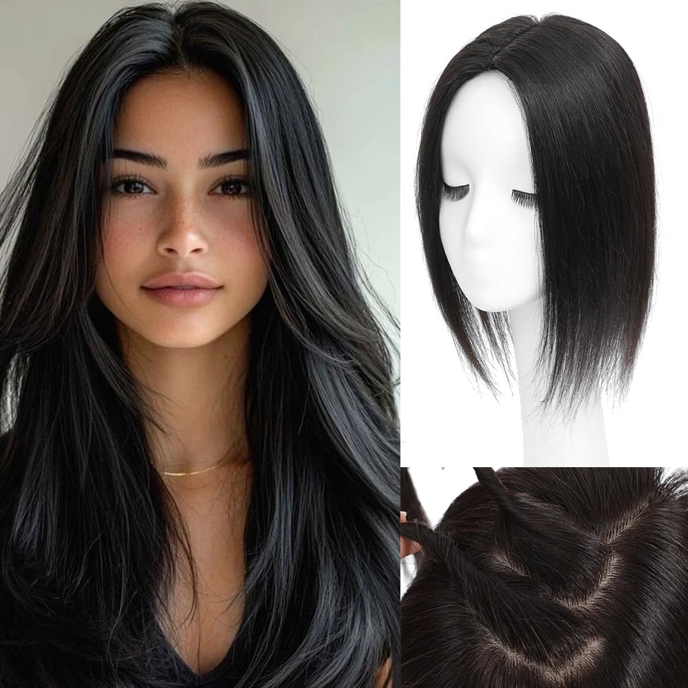 HVVZOY Hair Toppers for Women Real Human Hair， 360°3D Big Basement Cover Topper for Women with Thinning Crown with Side Clip in Bangs Realistic Scalp (1B, Side 14INCH)
