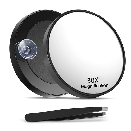 30X Magnifying Mirror, Small Magnify Mirror with Two Suction Cup and Tweezers, 3.5 Inches Travel Magnified Makeup Mirrors, Compact Hand Mirror for Tweezers for Women Facial Hair, Black
