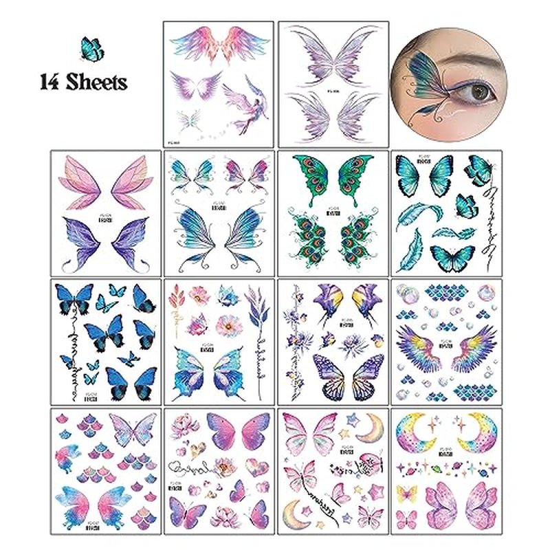 14 Sheets Glitter Butterfly Temporary Tattoos Sticker for Eye Face Makeup Decoration, Body art tattoo stickers Shiny Butterflies Waterproof Fake Tattoos for Women Girls Festival Party Eye Decor