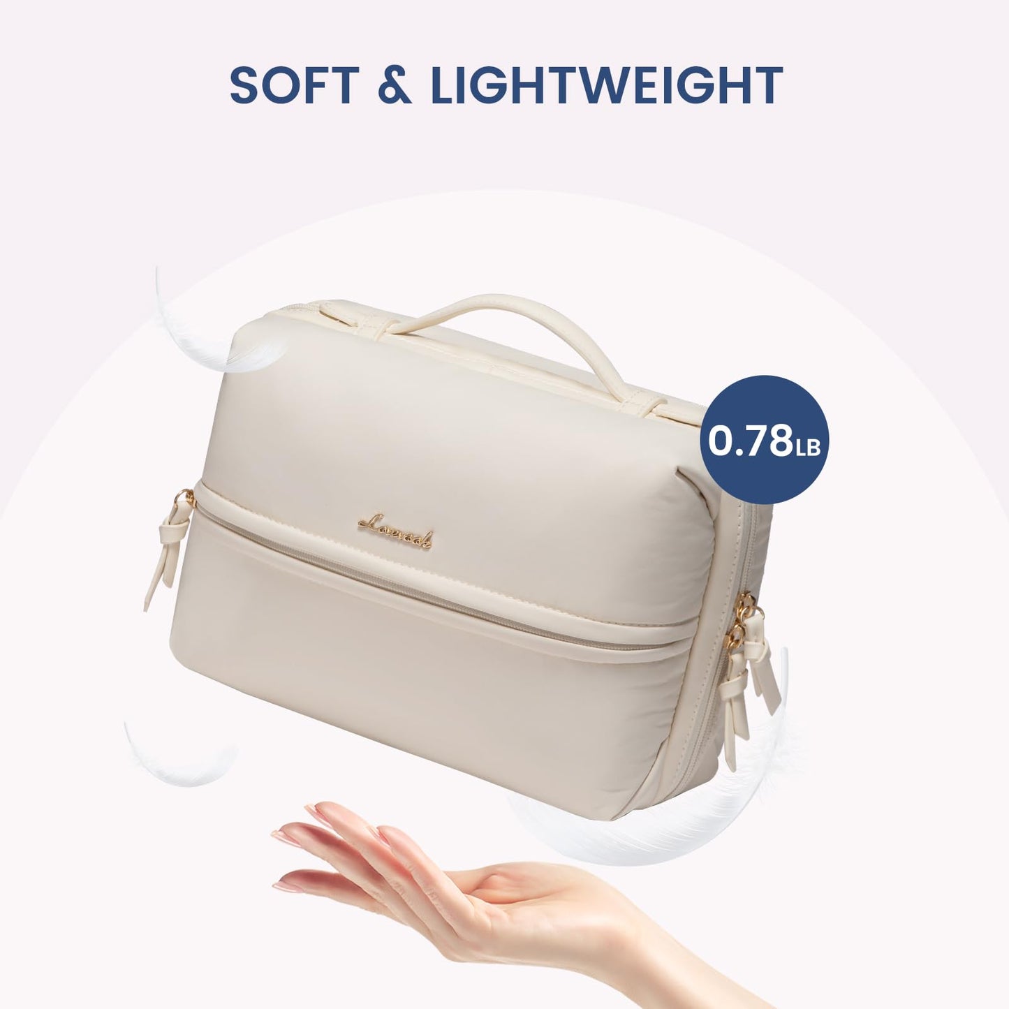 LOVEVOOK Travel Toiletry Bag With Hanging Hook for Women, Puffy Cosmetic Makeup Bag Organizer with Vegan Leather Handle for Accessories, Essentials, Toiletries, Off white