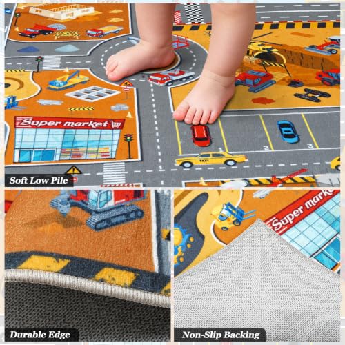 Kids Construction Site Play Rug 6x9 ft Brown Interactive Playroom Mat