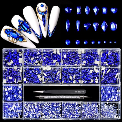 Blue 12 Types Diamond Rhinestones 2500 Flatback Mix 20 Styles DIY Nail Art + Tweezers