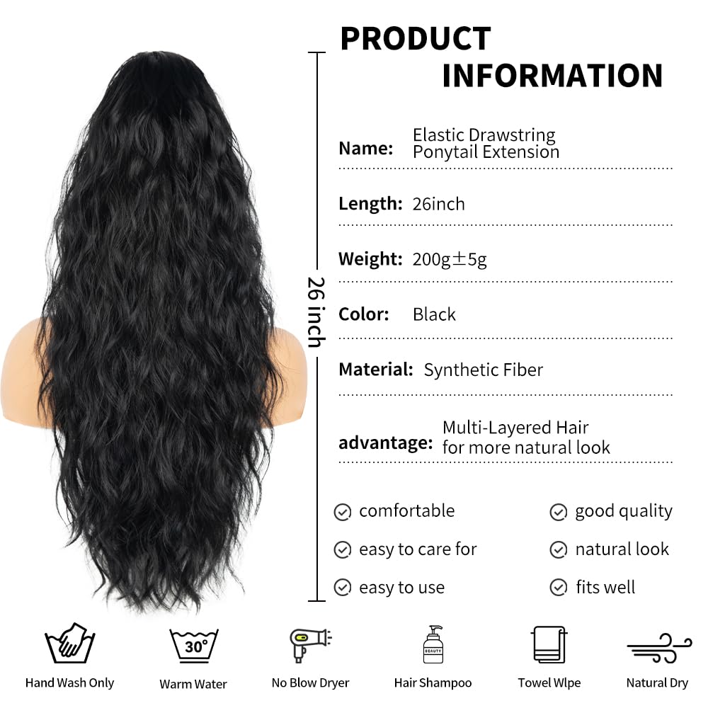 26 inch Black Ponytail Extension, Drawstring Ponytail for Women, Long Wavy Pony Tails Hair Extensions, Synthetic Hair Extensions Ponytail for Daily Use (Color: Black)