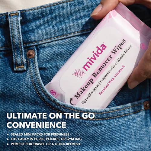 mivida Mini Makeup Remover Wipes – 50 Pocket Packs, Travel-Size Face Wipes, Dermatologist Tested, Fragrance & Alcohol-Free