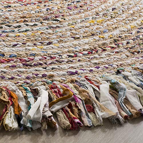 Round Ivory Light Beige Area Rug 5 ft Handmade Boho Jute & Cotton with Fringe