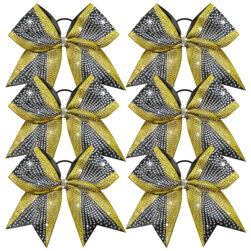 6 Pack Large Glitter Gold and Black Cheer Bows - Rhinestone Hair Accessories for Cheerleaders, Sports Teams, Girls, 8 Inch