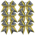 6 Pack Large Glitter Gold and Black Cheer Bows - Rhinestone Hair Accessories for Cheerleaders, Sports Teams, Girls, 8 Inch