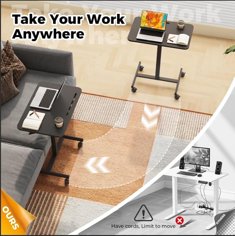 Black 28 Inch Mobile Laptop Desk with Wheels, Height Adjustable Sit-Stand Cart