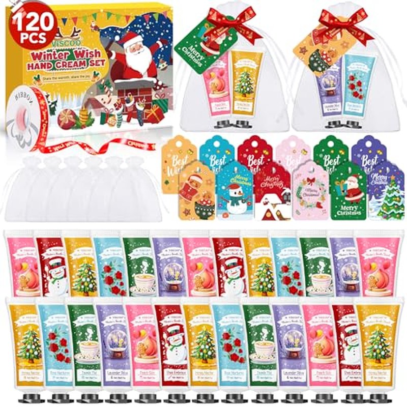 120 Sets Christmas Hand Cream Gift Set for Women, Hand Lotion In Bulk for Dry Cracked Hands Travel Size,Christmas Gifts with Cards and Organza Gift Bags, Stocking Stuffers for Women Teen Girls
