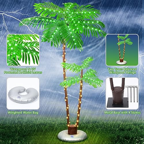 6FT Plug-in Lighted Palm Tree with 2 Trunks - Indoor Outdoor Waterproof LED Decor