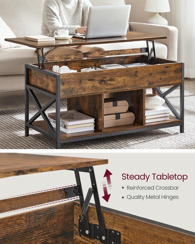 Lift-Top Coffee Table with Storage - Rustic Brown + Black, 39.4"W x 19.7"D, 3 Compartments