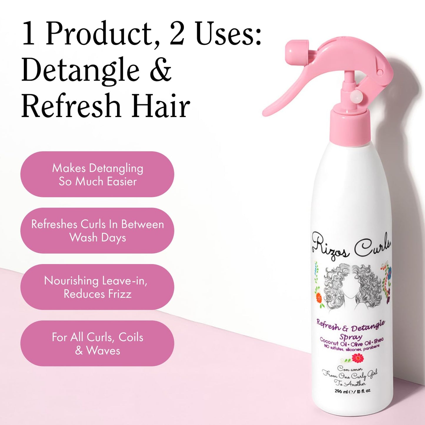 Rizos Curls Refresh & Detangle Spray Detangling & Curl Leave-In with Coconut Oil Nourishes, Hydrates & Controls Frizz for Every Curl Pattern Adds Shine, Hair Types Vegan & Cruelty-Free