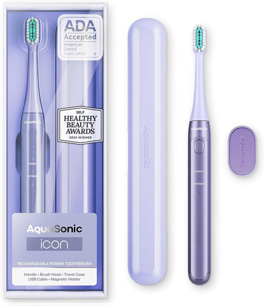 Aquasonic Icon ADA-Accepted Rechargeable Toothbrush | Magnetic Holder & Slim Travel Case | 2 Brushing Modes & Smart Timers | Gentle Micro-Vibrations (Lilac)