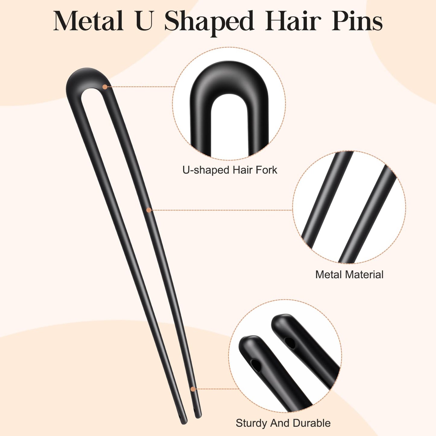 Cpoxiti 2PCS French Hair Pins for Women, U-Shaped Metal Hair Pins for Long and Thick Hair, 5.9 Inch Extended French Pins Hair Forks for Various Hair Styles (Black)