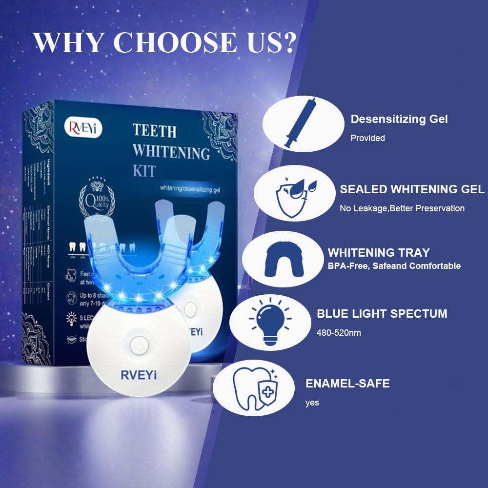 RVEYI Teeth Whitening Kit - LED Light Timer, Pro Professional for Sensitive Teeth 35% Carbamide Peroxide,4 * 3ml Gel Syringes, 1* Remineralization Gel, and Tray