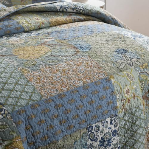 Reversible Cotton Bedspread Quilt Set with Shams - Rustic Patchwork, Queen Size, Sage Green, Floral / Branch Variation