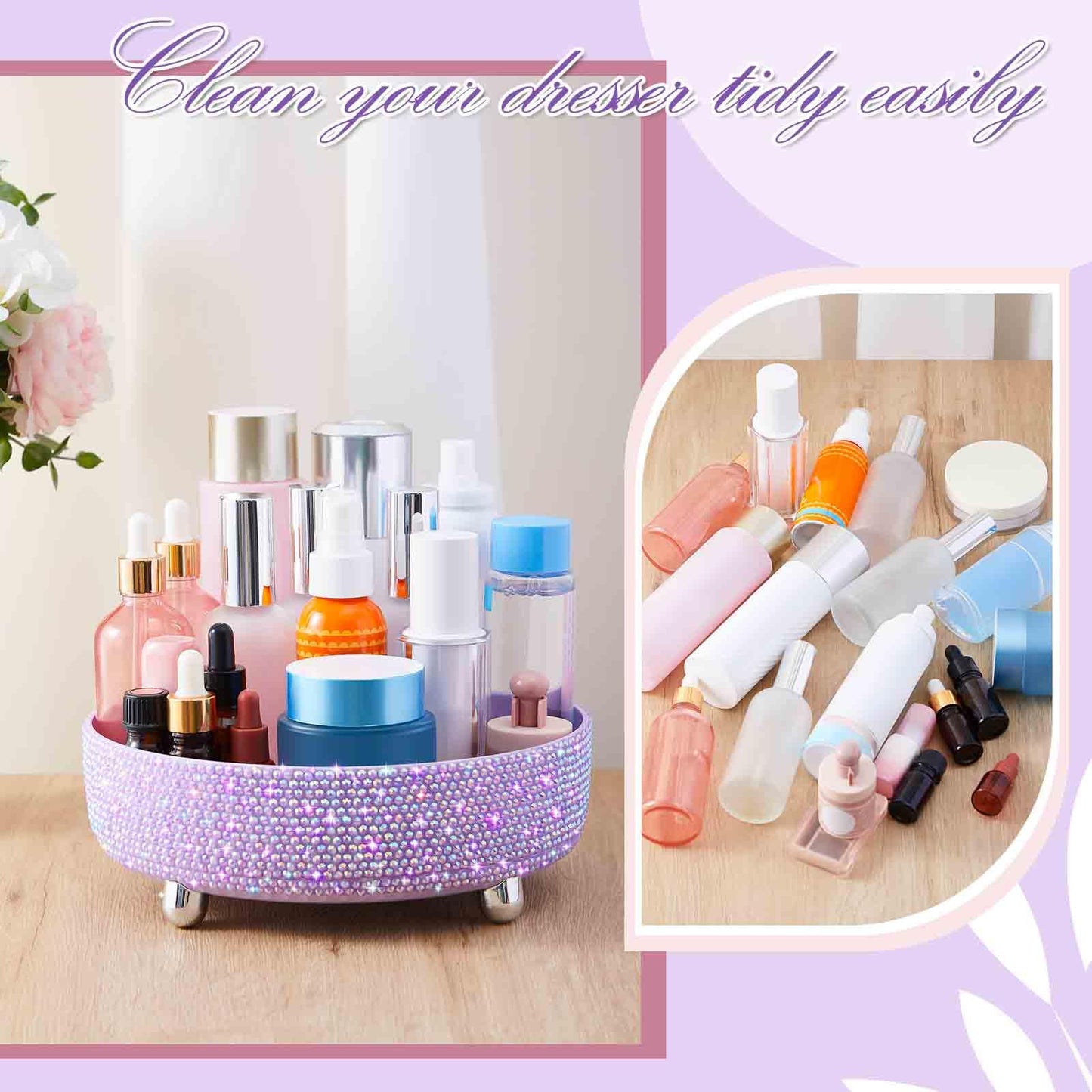 Honeydak Bling Perfume Makeup Organizer Rhinestone Bathroom Organizers and Storage 360 Rotating Makeup Organizer for Countertop Women Girls Essentials(Purple,Rhinestone)