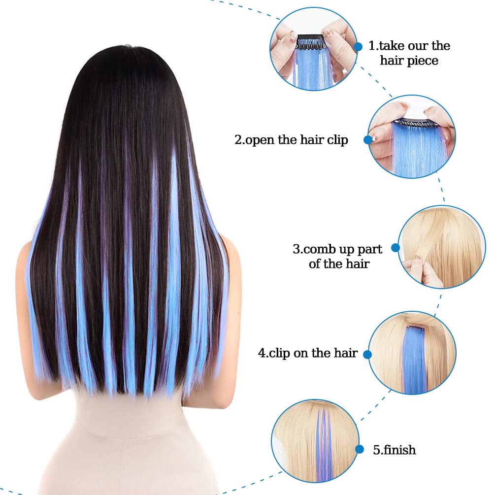 Winsky Blue Clip in Hair Extensions 100% Real Human Hair - Straight Highlights Colored Clip on Christmas Hairpieces 5 Pieces/Set (18inch, Blue)