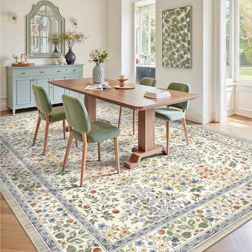 Beige Floral 8x10 Area Rug - Machine Washable Low Pile Boho Rug with Non-Slip Backing
