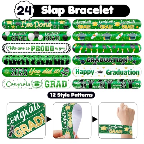 48 PCS 2025 Graduation 24PCS Temporary Tattoos Stickers 24PCS Slap Bracelets Wristbands Perfect for Themed Class Party Supplies Grad & So Proud of You High School College (Green)