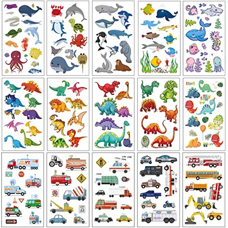Apeso 30 Sheets Temporary Tattoos Kit, 300Pcs Fake Cute Tattoo Stickers Waterproof, Birthday Party Favor Christmas Stocking Stuffers (Dinosaur £¦ Sea Animal £¦ Vehicle)