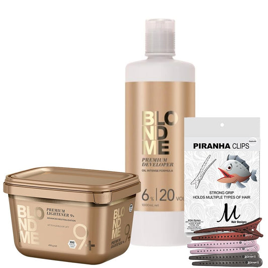 Blonde Me Bleach Powder and Developer | BlondeMe Lightener 9+ Premium Bleach 450 grams, Developer 6% / 20 Vol 1 Liter and M Hair Designs Piranha Clips (Bundle)