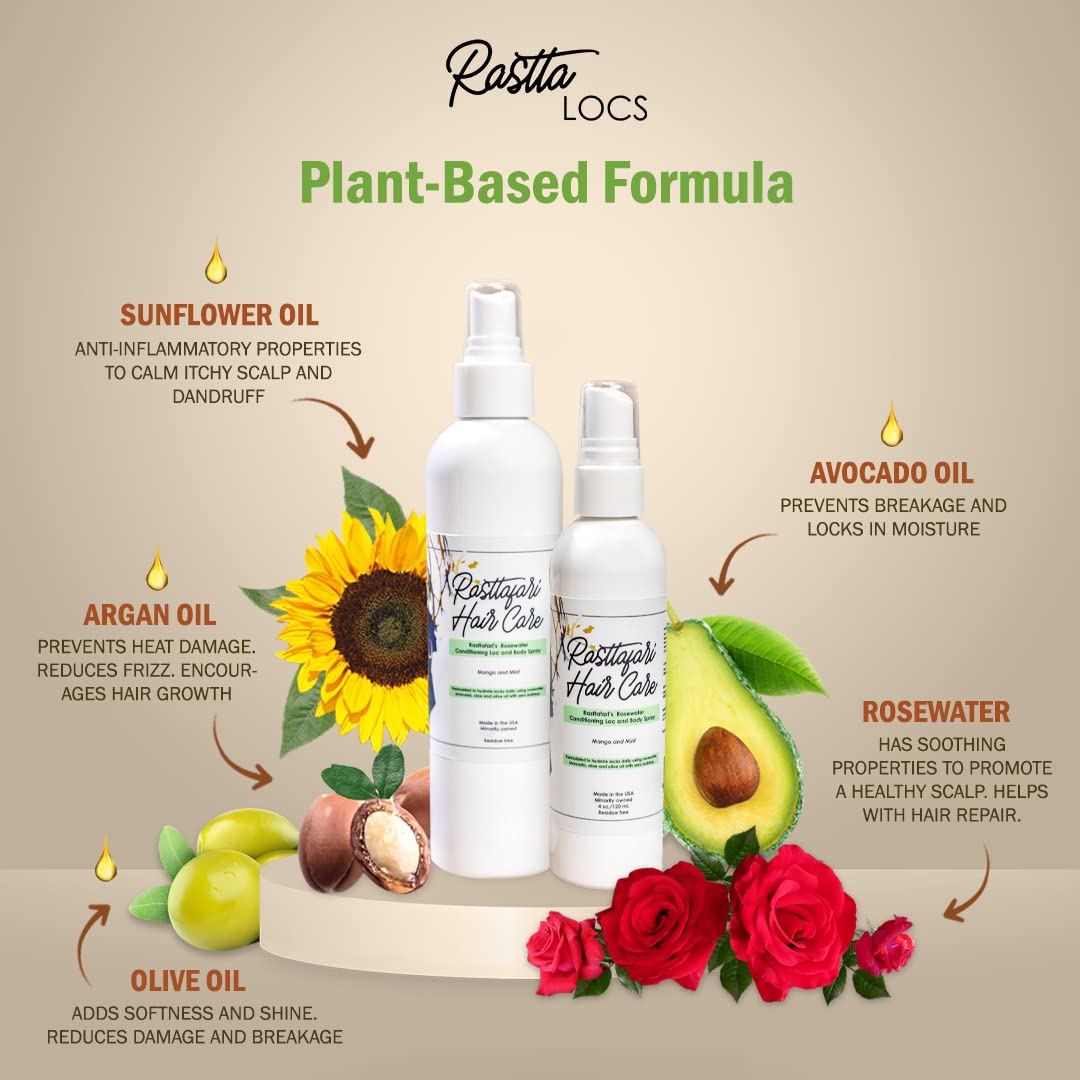 Rastta Locs Rosewater and Mint Conditioning Loc and Body Refreshing Spray for locs, type 4 hair, Braids, Organic, Vegan Hair Moisturizer, Dreadlock Spray with Aloe. - Tropical Mint Fragrance - 8oz