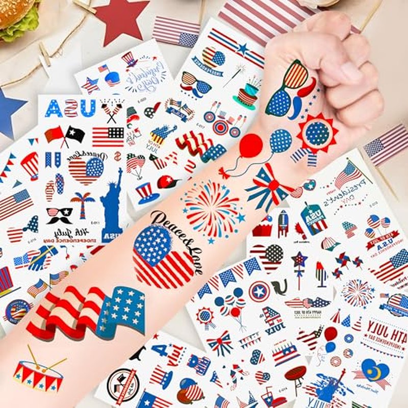 4th of July Tattoos,100PCS 4th of July Temporary Tattoos,Fourth of July Accessories,Red White and Blue Party Supplies Independence Day 2.7x 4.8 inches 10 Sheets